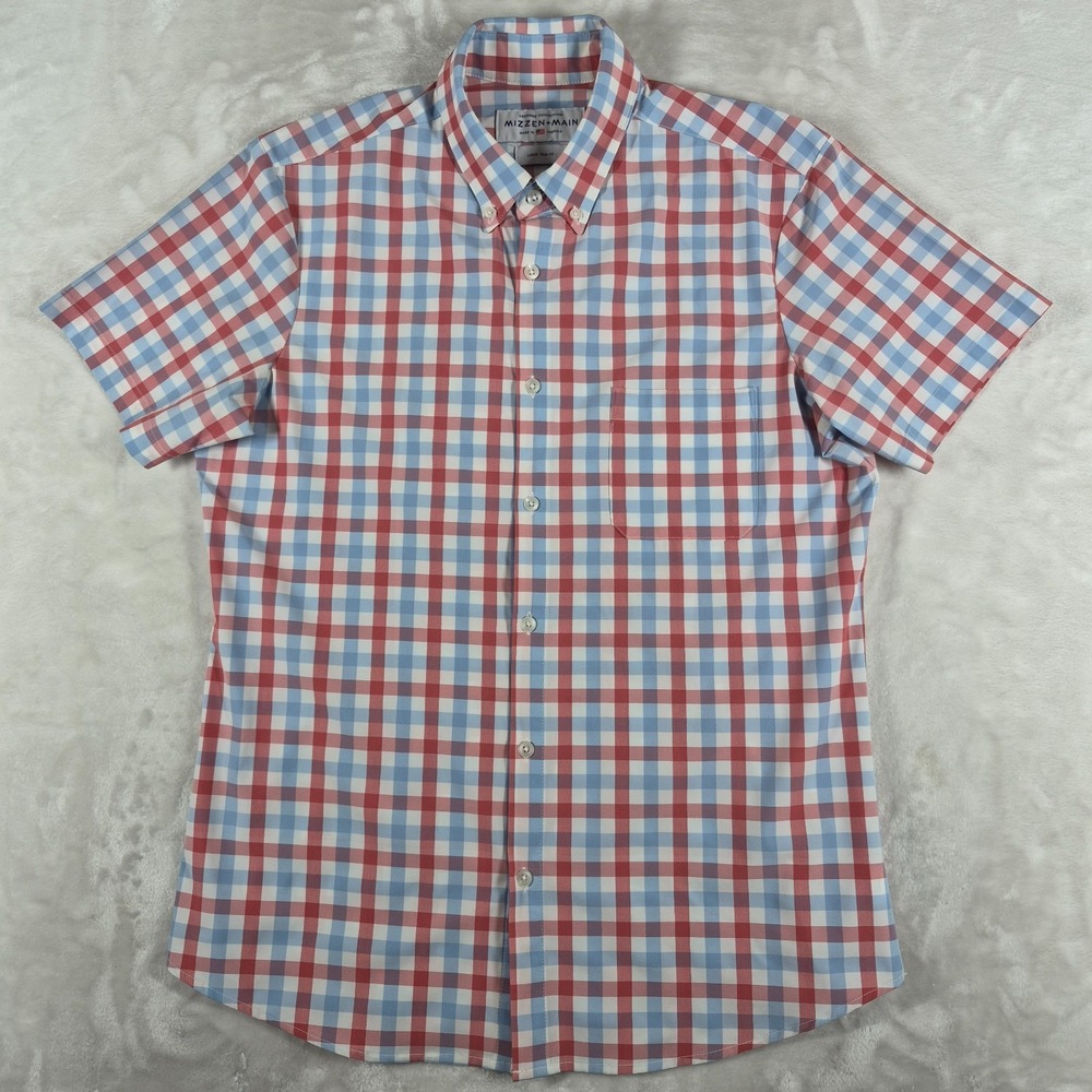 Mizzen Main Leeward Shirt Men's Large Red Blue Check Short Sleeve‎ Button Trim